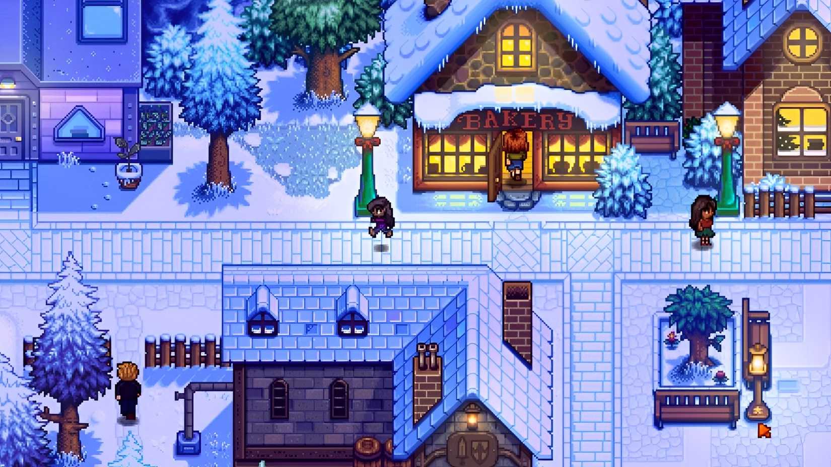 An official gameplay screenshot of ConcernedApe's Haunted Chocolatier in its winter season
