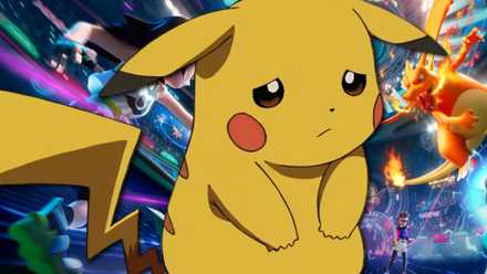A sad Pikachu with a Pokemon Champions screenshot in the background.