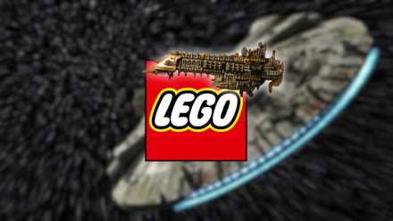A screenshot from the Star Wars movies showing a Millennium Falcon, with the LEGO logo front and back next to a Warhammer 40K Battleship