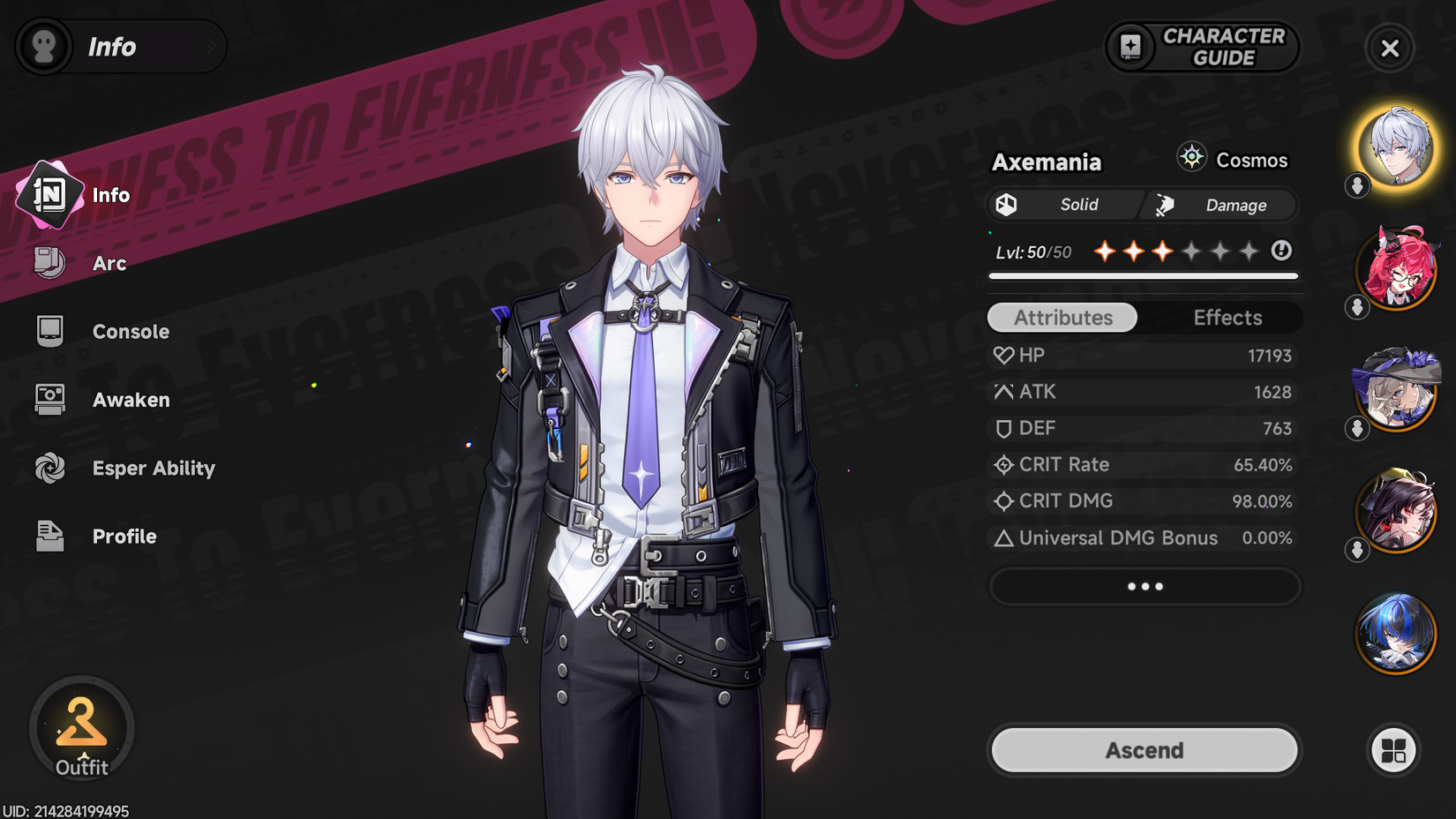 NTE Esper Zero Level 50 Statistics