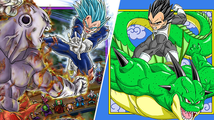 Jiren vs Super Saiyan Blue Vegeta, and Vegeta riding Porunga
