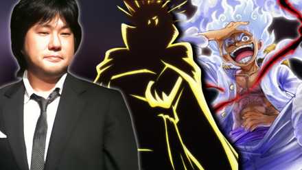 An image of One Piece creator Eiichiro Oda with character silhouettes from Void Century and Monkey D. Luffy as Joy Boy.