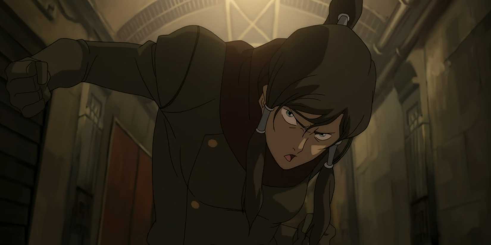 Korra prepares to punch with airbending.