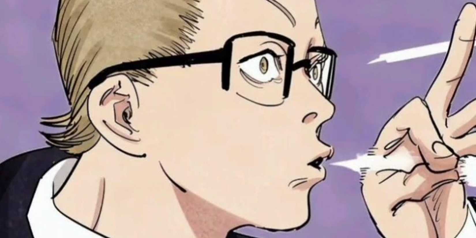 Kusakabe blows smoke from his mouth.