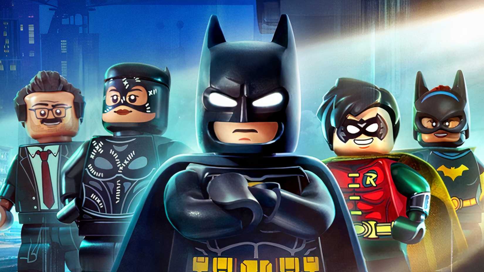 Batman, Robin, Batgirl, Catwoman, and Jim Gordon in LEGO Batman: Legacy of the Dark Knight character lineup