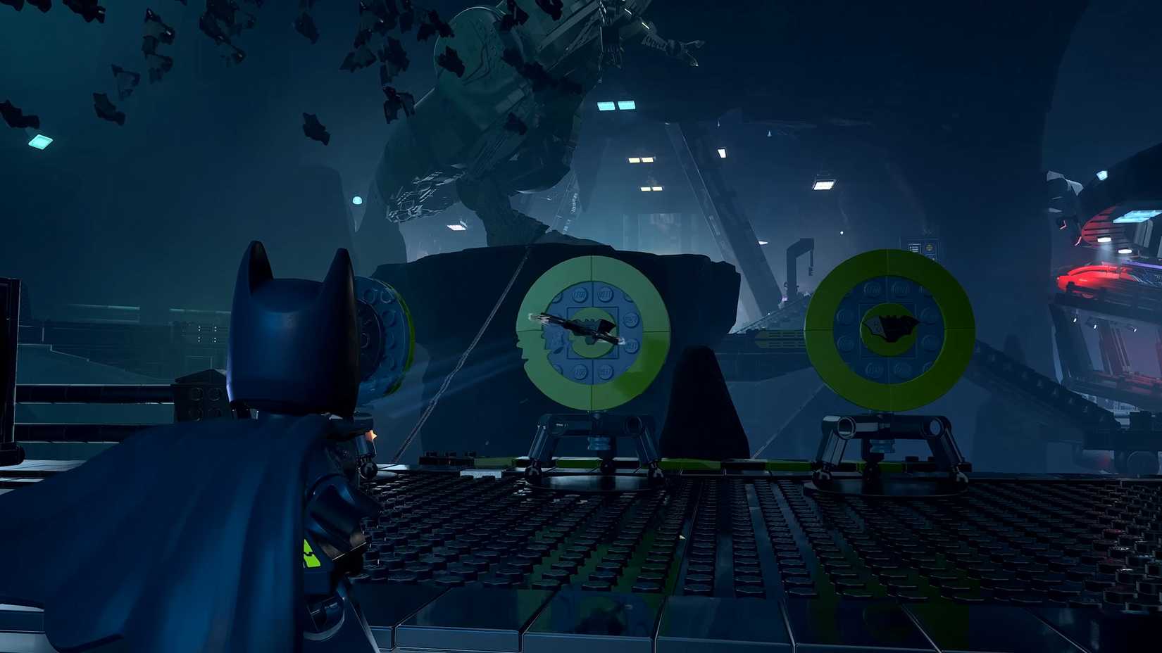 LEGO Batman Legacy of the Dark Knight Batcave showing batman hitting targets with batarang in training facility
