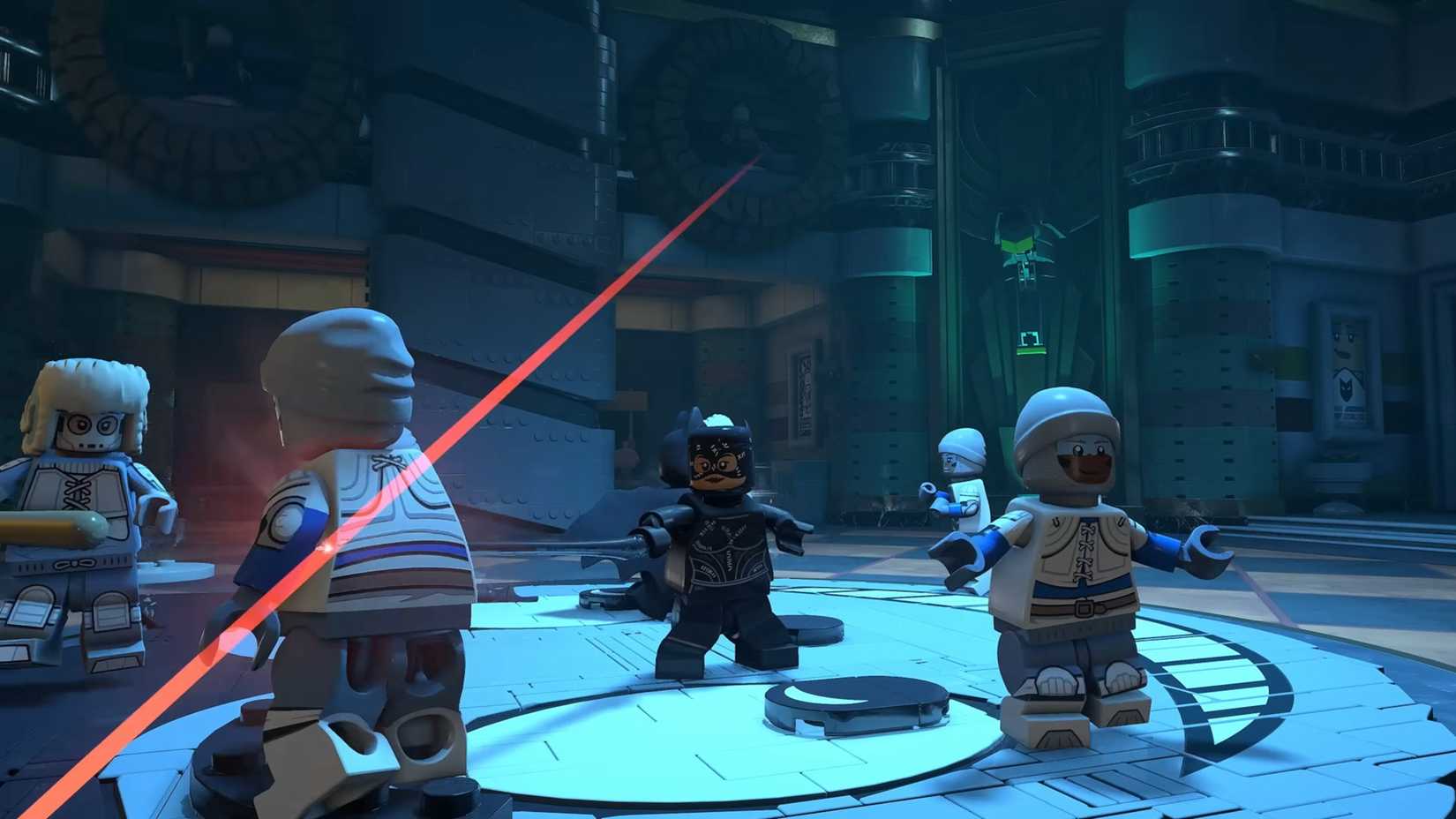 Batman and several characters in a game scene in LEGO Batman Legacy of the Dark Knight