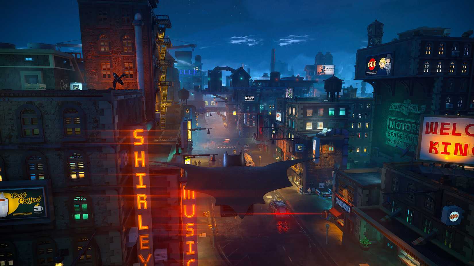 Batman gliding over Gotham City skyline in LEGO Batman Legacy of the Dark Knight