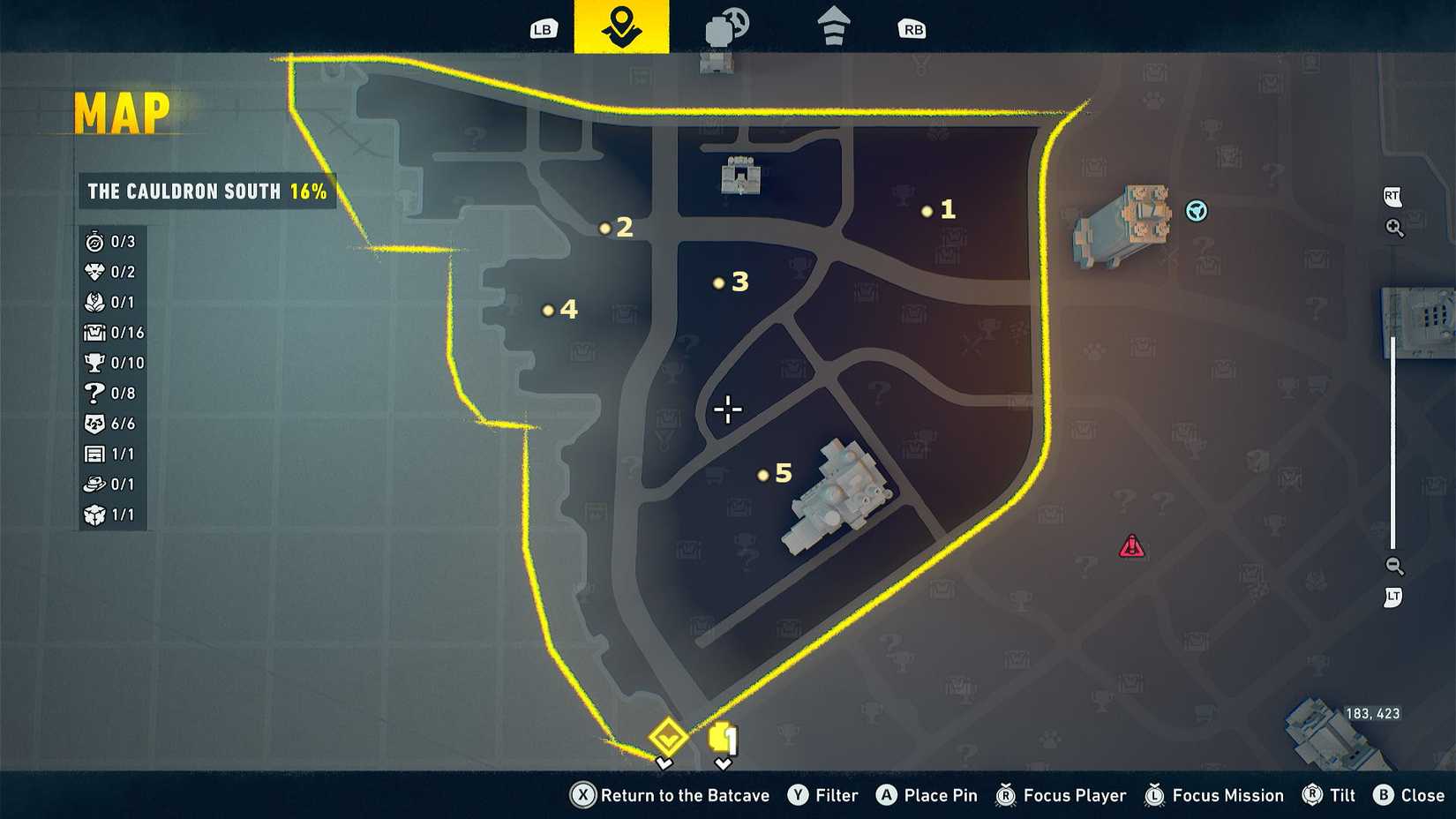 The Cauldron South Bat-Symbol map in LEGO Batman Legacy of the Dark Knight