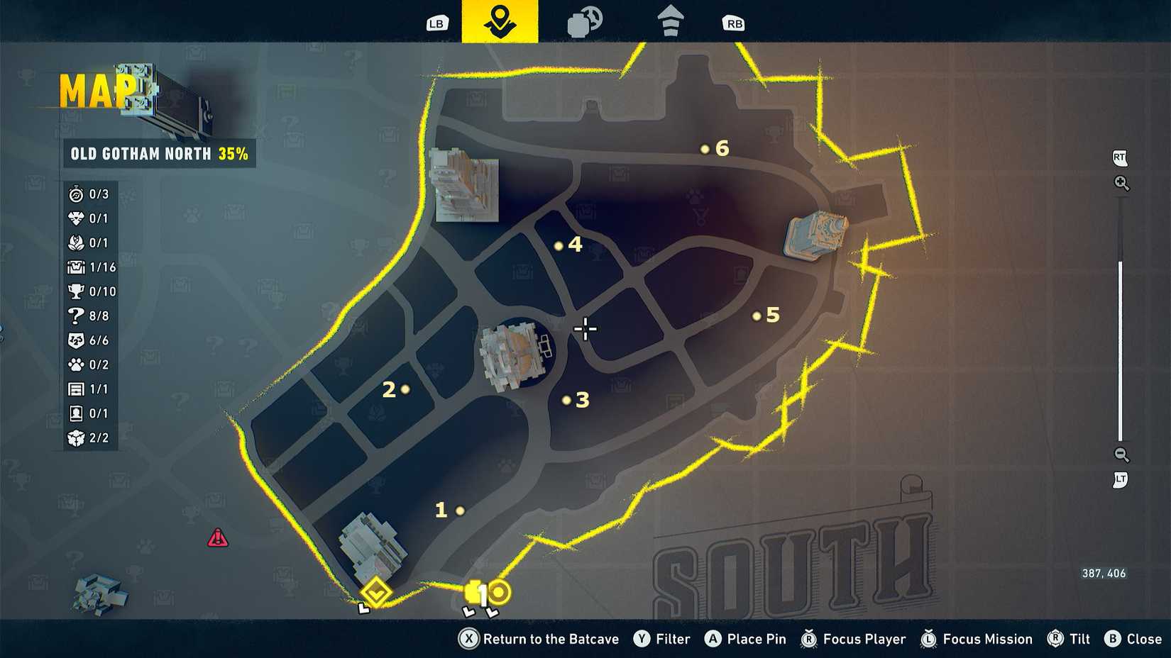 Old Gotham North Bat-Symbol map in LEGO Batman Legacy of the Dark Knight