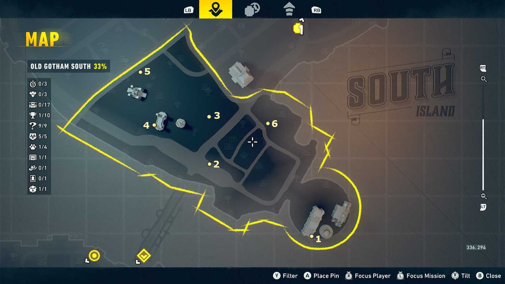 Old Gotham South Bat-Symbol map in LEGO Batman Legacy of the Dark Knight