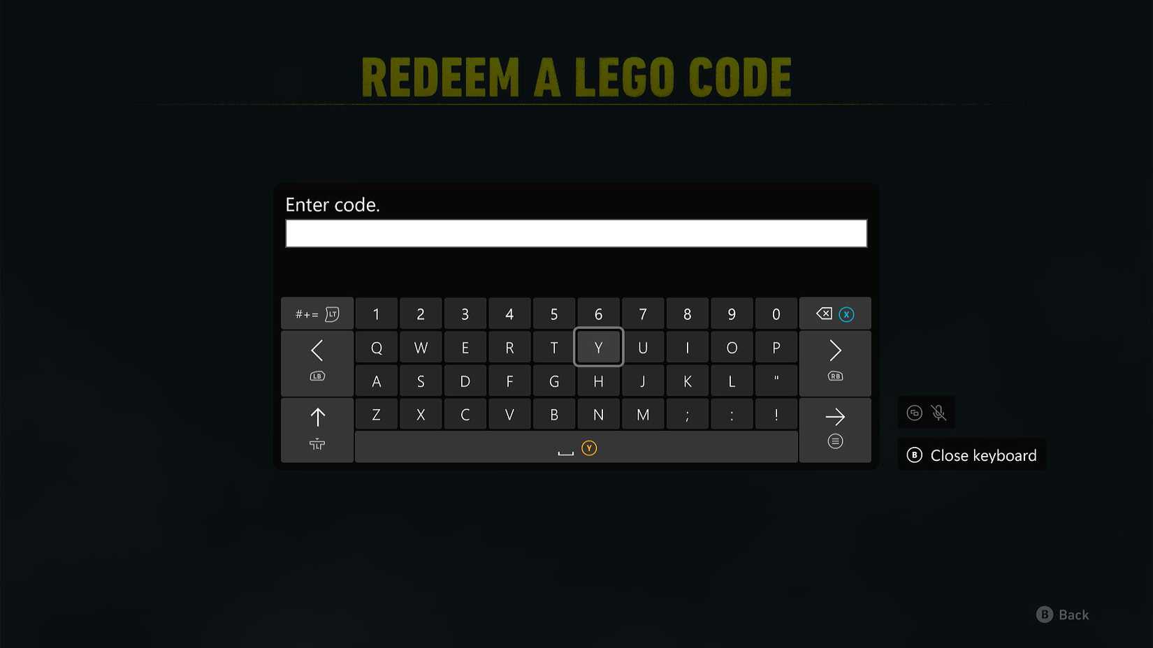 Code entry menu used for bonus rewards in LEGO Batman Legacy of the Dark Knight