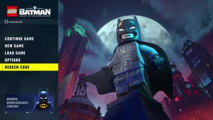 Option to redeem the code in the LEGO Batman Legacy of the Dark Knight main menu