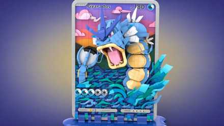A LEGO take on a Pokémon TCG card, with Gyarados popping out and water at the base