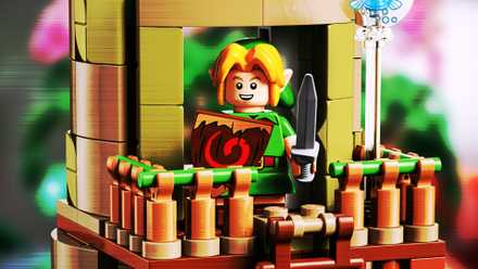 This smiling Link minifigure stands on the balcony of the Great Deku Tree tower from LEGO's first The Legend of Zelda set.