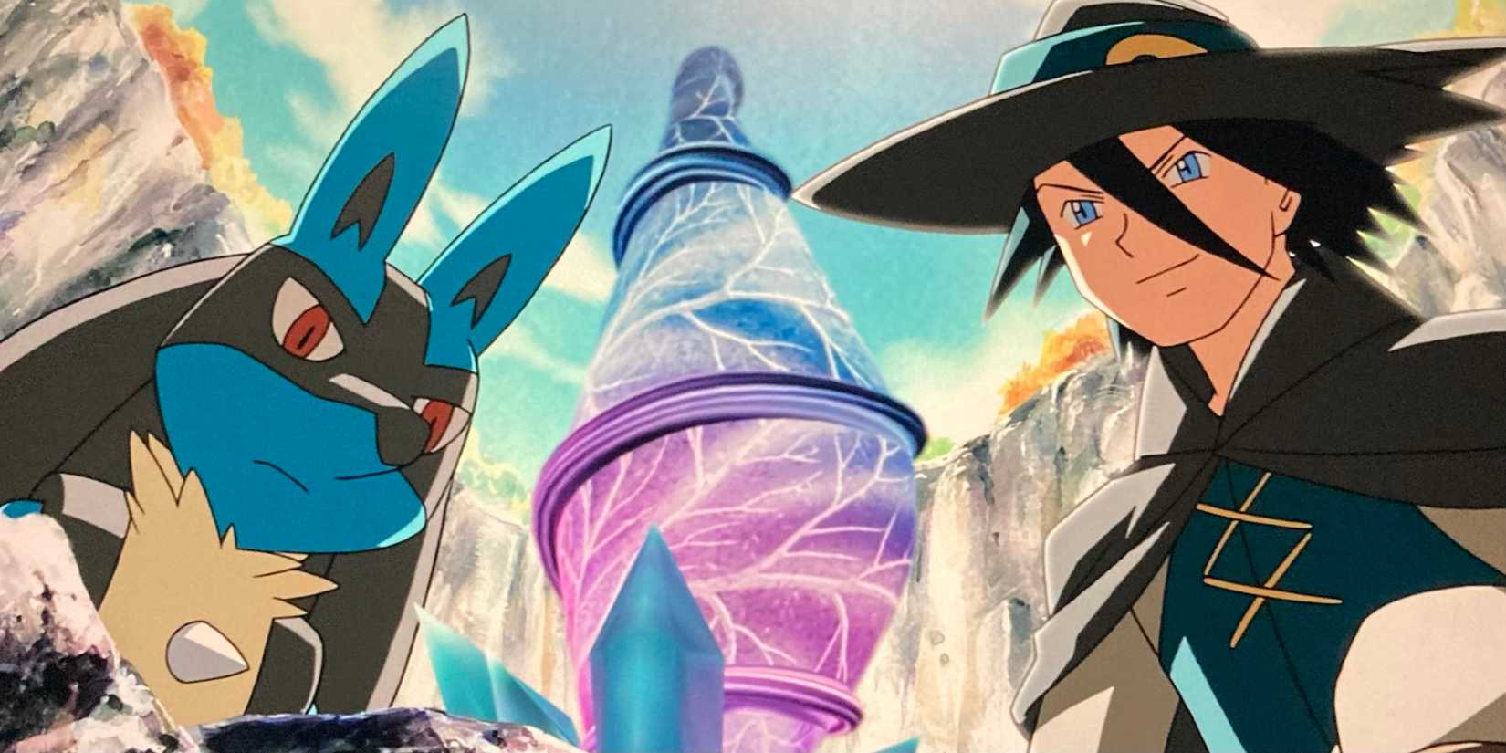 Sir Aaron and Lucario look at the Time Flower.