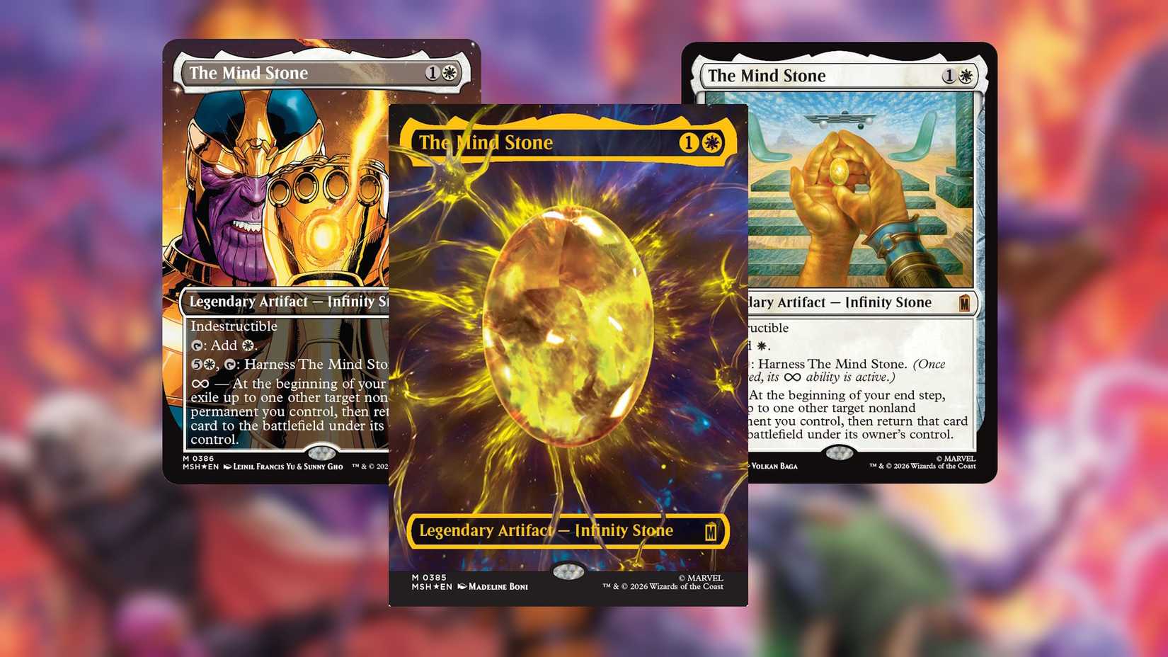 Three versions of the Mind Stone in Magic: The Gathering's Marvel Super Heroes set