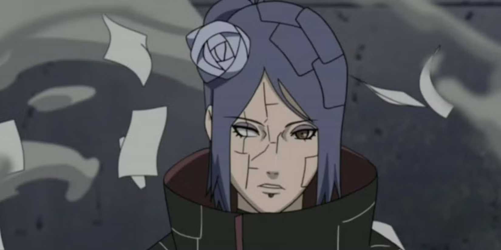 Konan uses her paper ninjutsu against Jiraiya in Naruto: Shippuden