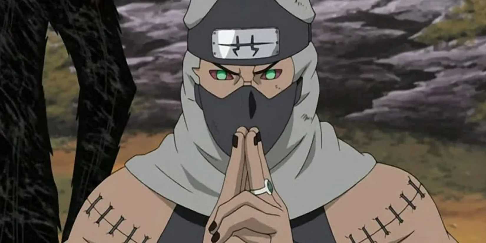 Kakuzu prepares a Fire Style jutsu against Kakashi and Team Asuma in Naruto: Shippuden