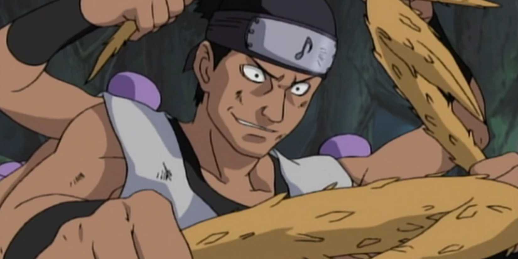 Kidomaru prepares to attack Neji with web weapons in Naruto.