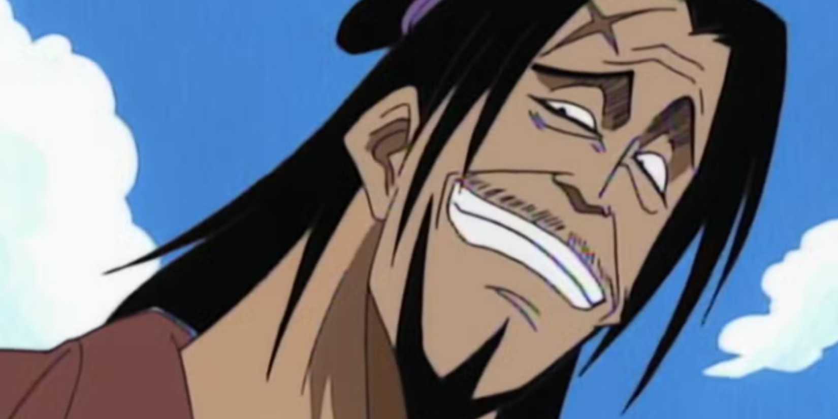 Higuma smiles after hurting young Luffy in One Piece.