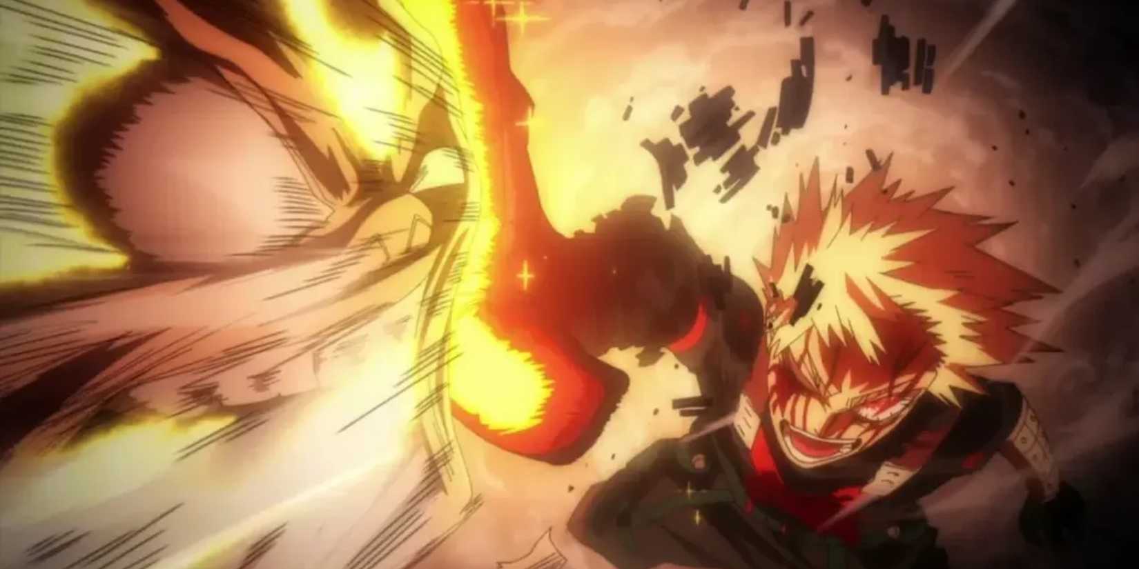 Bakugo punches All For One in the face with his Explosion Quirk in My Hero Academia.