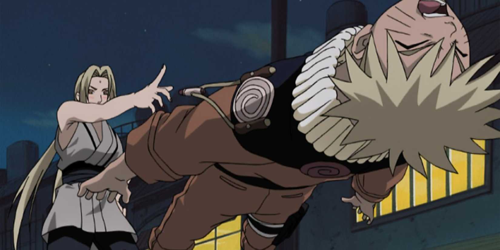 Tsunade defeats Naruto with a single finger in the anime.