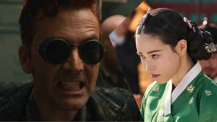 Split image of David Tennant as Crowley in Good Omens and Jiyeon Lim in My Royal Nemesis