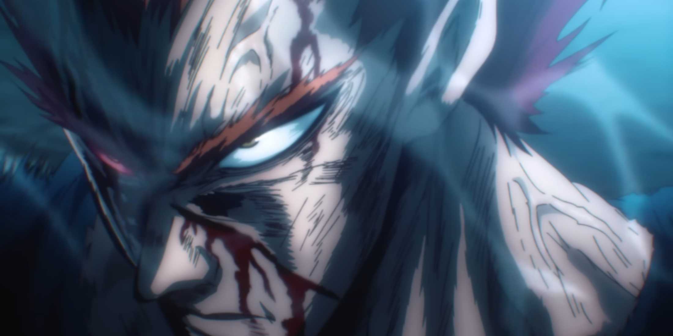 Garou faces the monster king with a stern expression in One-Punch Man