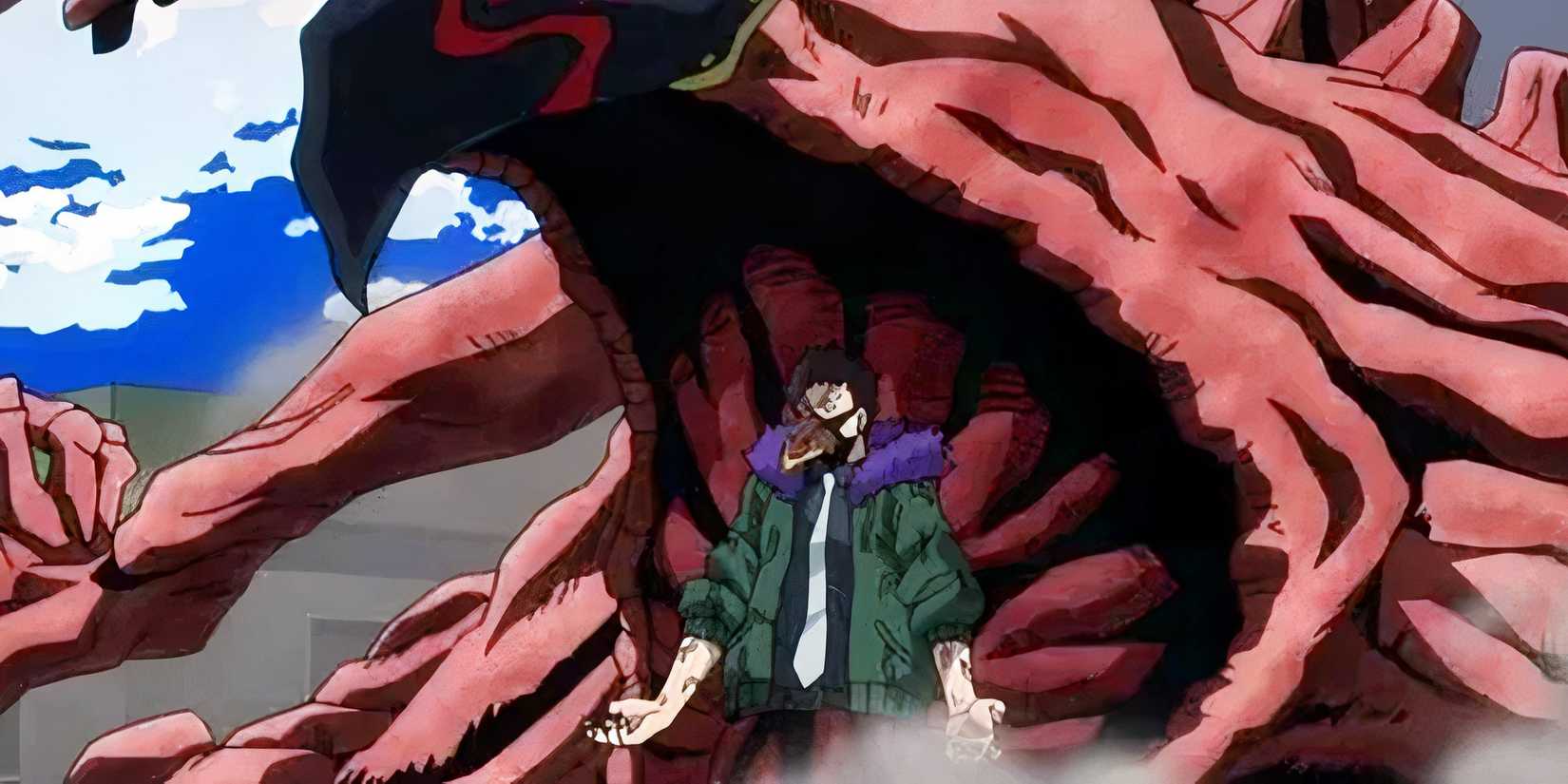 Chisaki Kai transforms his body with the Overhaul Quirk while fighting Deku in My Hero Academia.