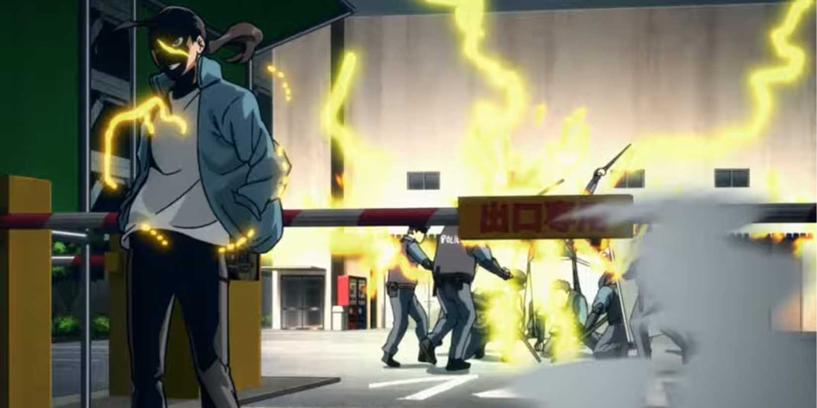 Number 6 uses Overclock to defeat multiple police officers in My Hero Academia: Vigilantes