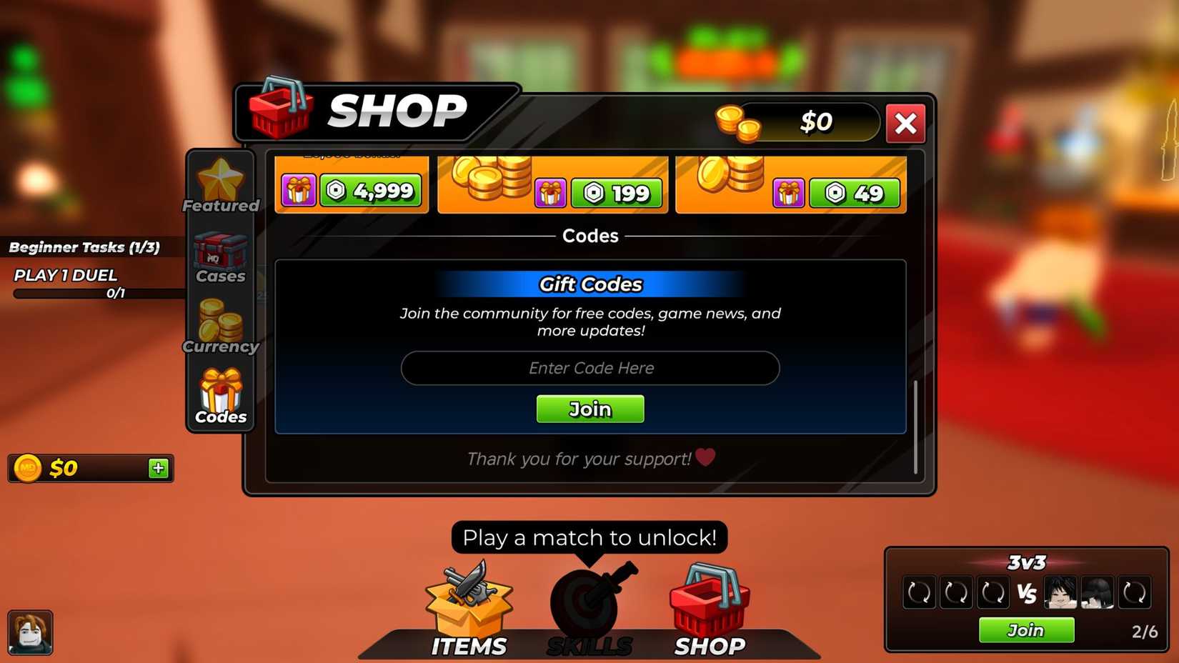 Murder Duels The Codes Tab