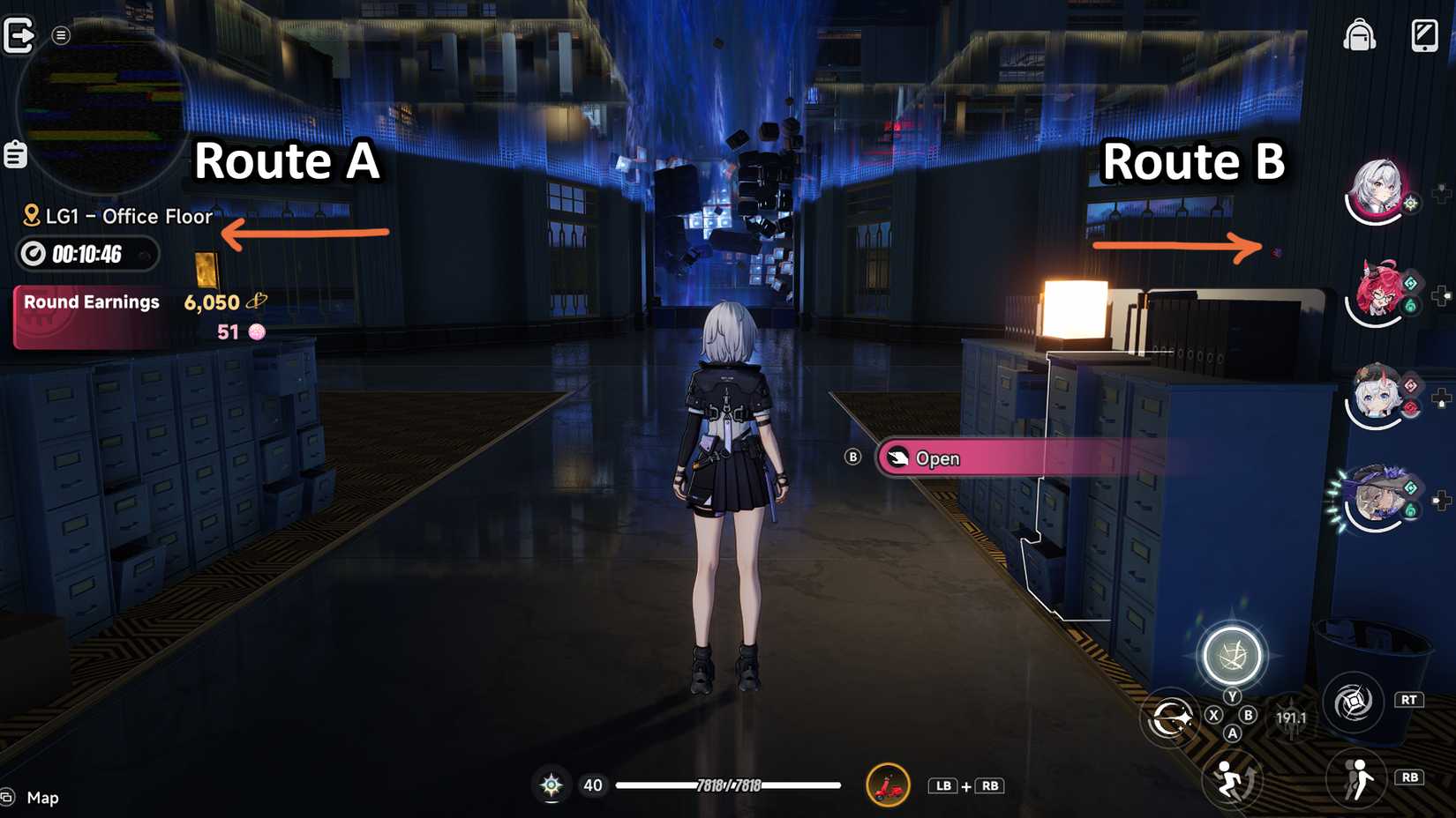 neverness-to-everness-how-reach-mammon-pink-paw-heist-enter-open-core-vault - submit-item-orange-card-yellow-gold-cube-how-get-item-key - step 6 route a or route b