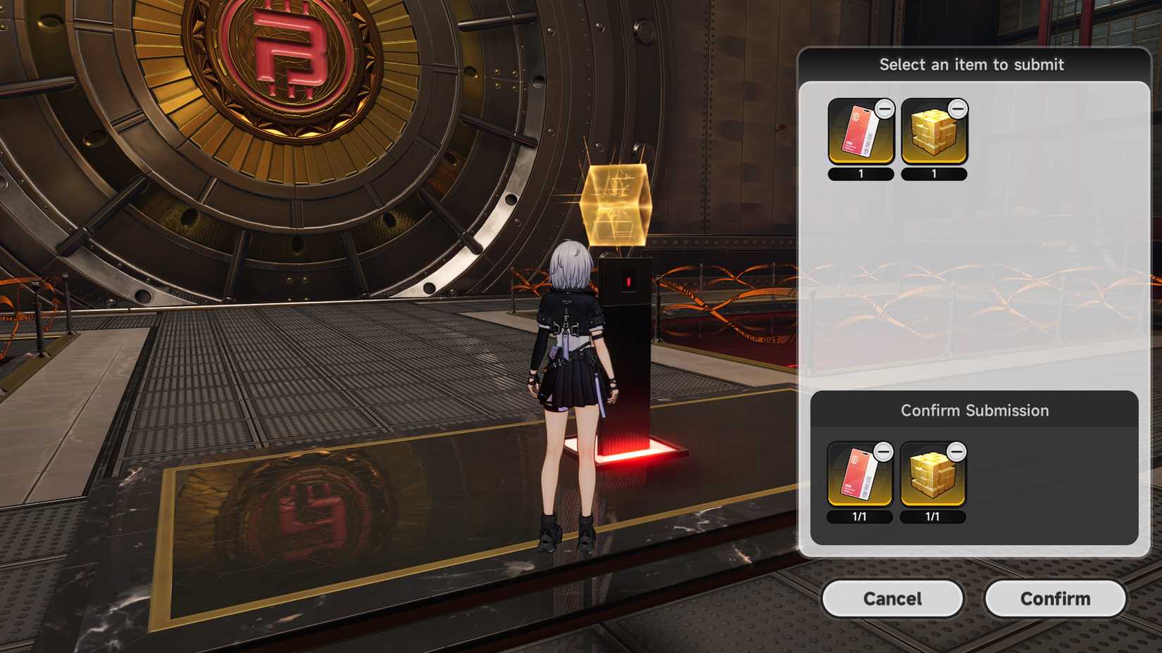 neverness-to-everness-how-reach-mammon-pink-paw-heist-enter-open-core-vault - submit-item-orange-card-yellow-gold-cube-how-get-item-key
