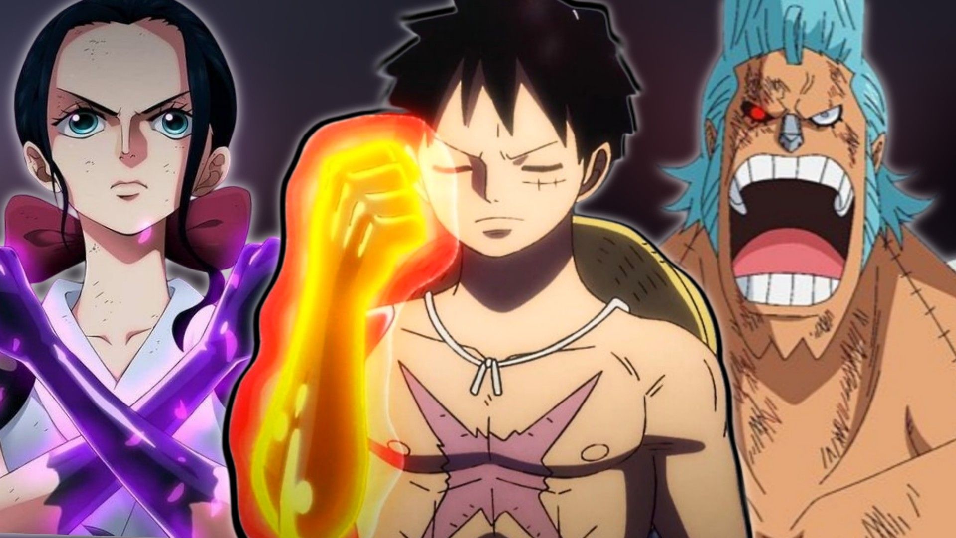 Image of the Straw Hat Pirate members Luffy, Robin and Franky