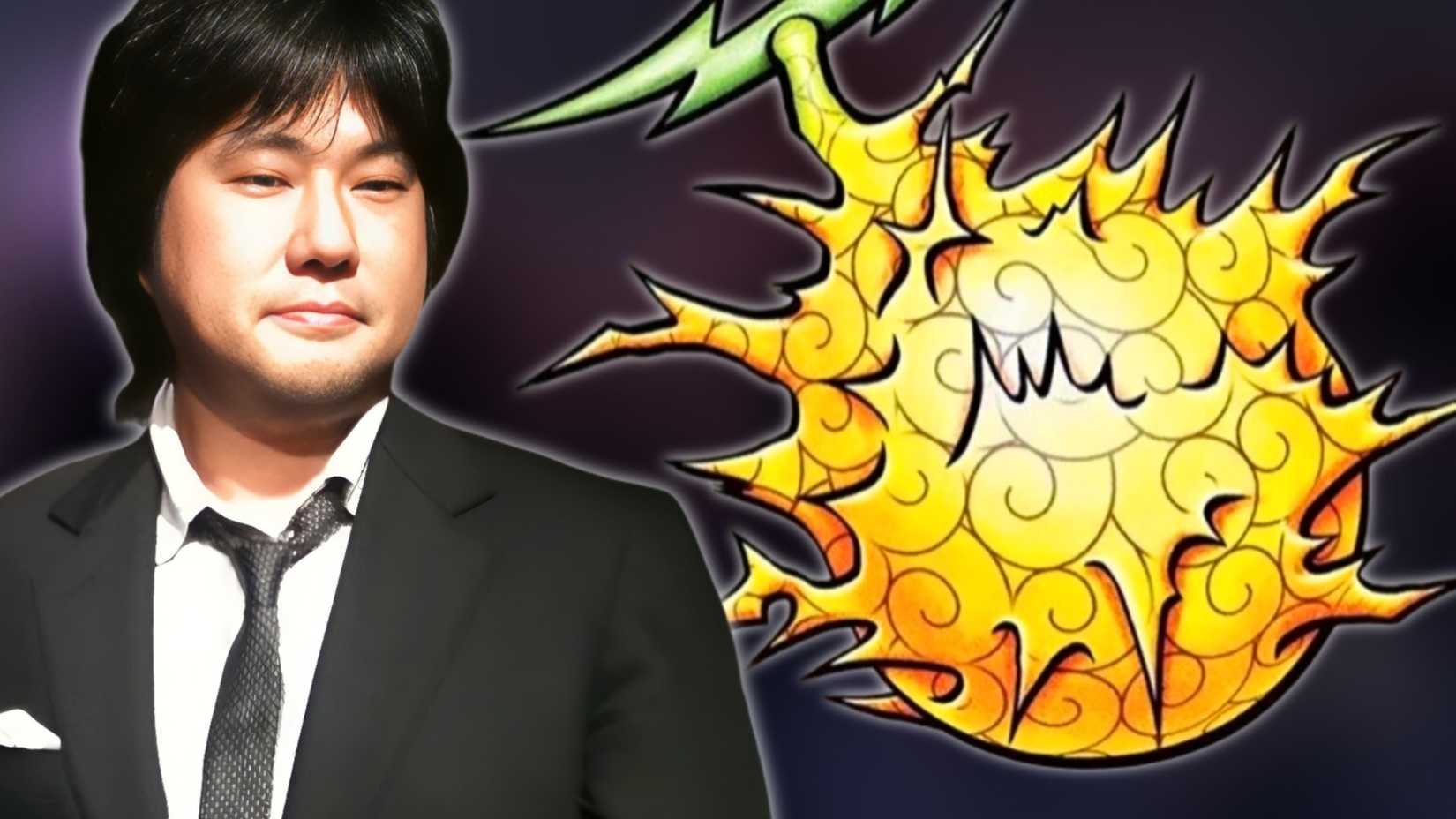 An image of One Piece creator Eiichiro Oda with One Piece's Devil Fruit.