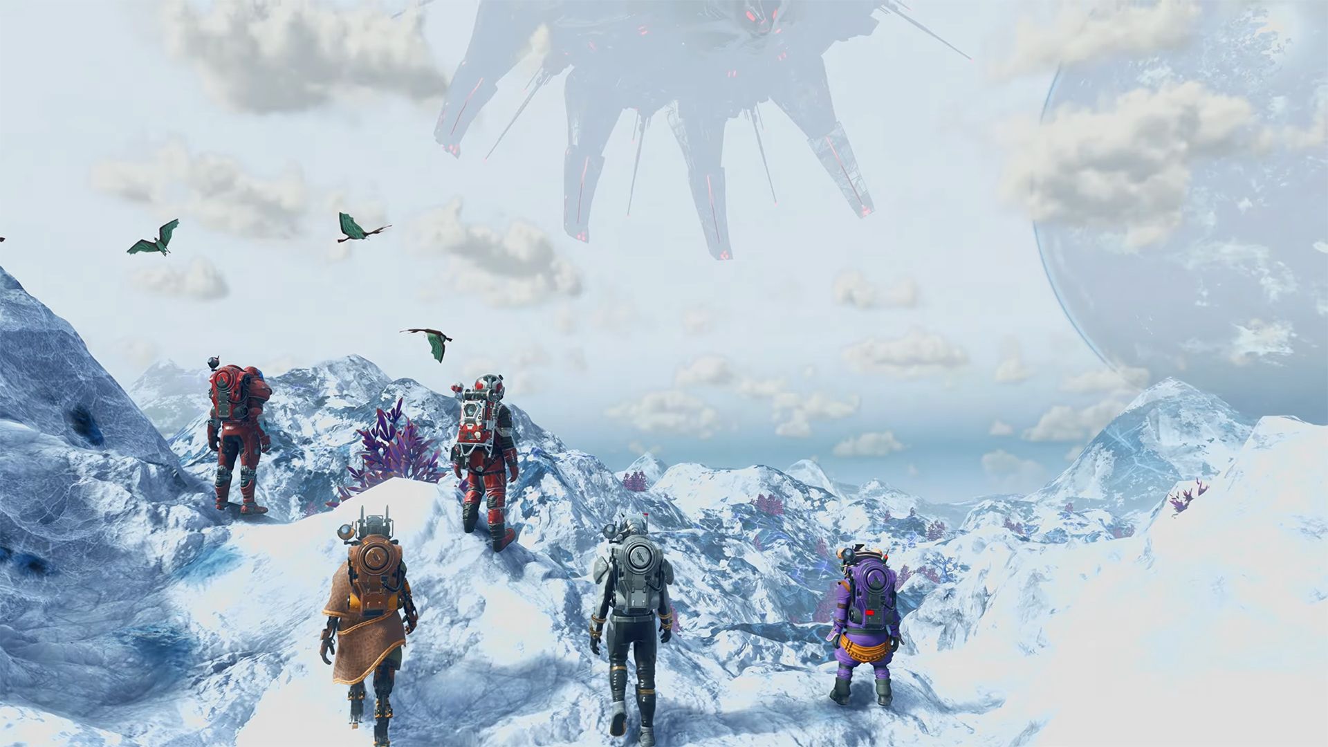 No Man's Sky Swarm Update players approaching the Hive of Glass mothership from planetside