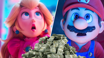 Peach and Mario with a pile of money