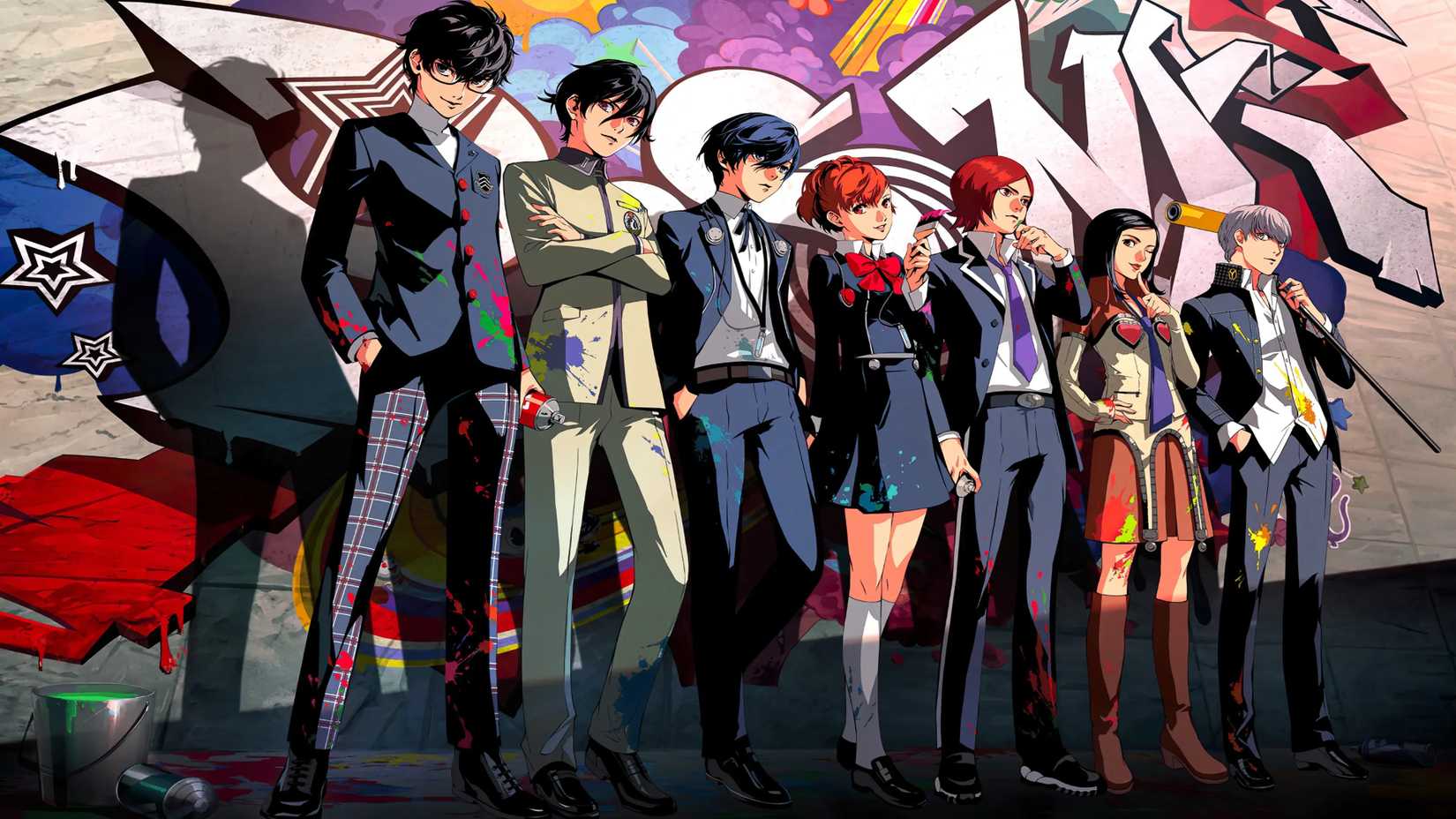 The protagonists of Persona 1 to Persona 5 splashed with paint, next to a green bucket.