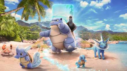 Pokemon GO Blastoise with Squirrel and Vaporeon on the beach