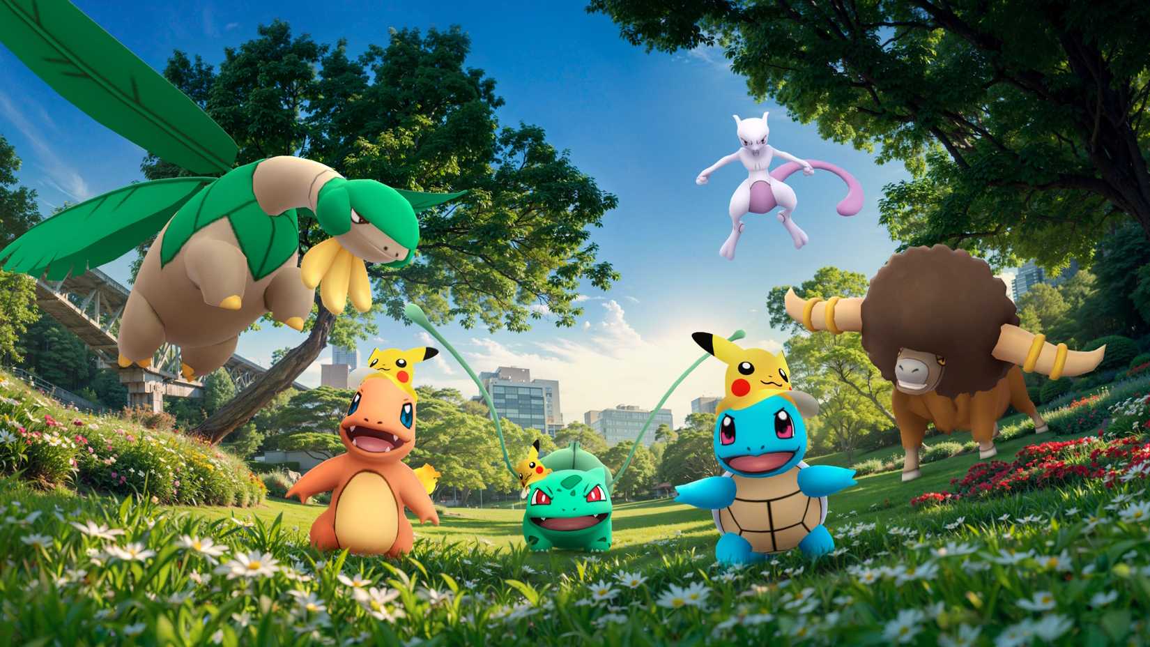 The key visual for Pokemon GO Fest 2026 showing the Kanto starters, Tropius, Bouffalant, and Mewtwo