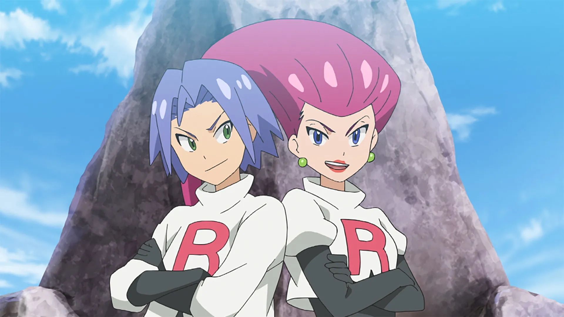 Pokemon Journeys Team Rocket standing in front of a mountain