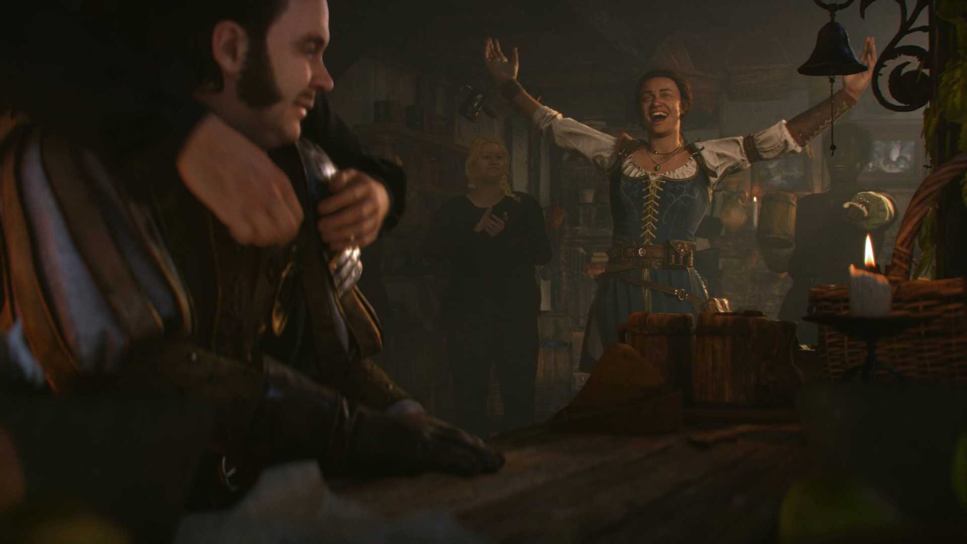 A cutscene from the new Fable reboot featuring the female protagonist with her awms in the air in a pub
