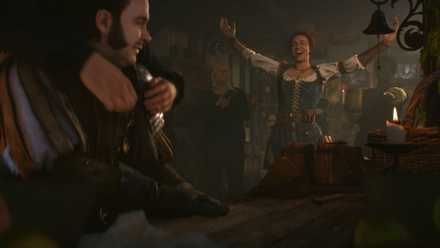 A cutscene from the new Fable reboot featuring the female protagonist holding awms in the air in a bar.