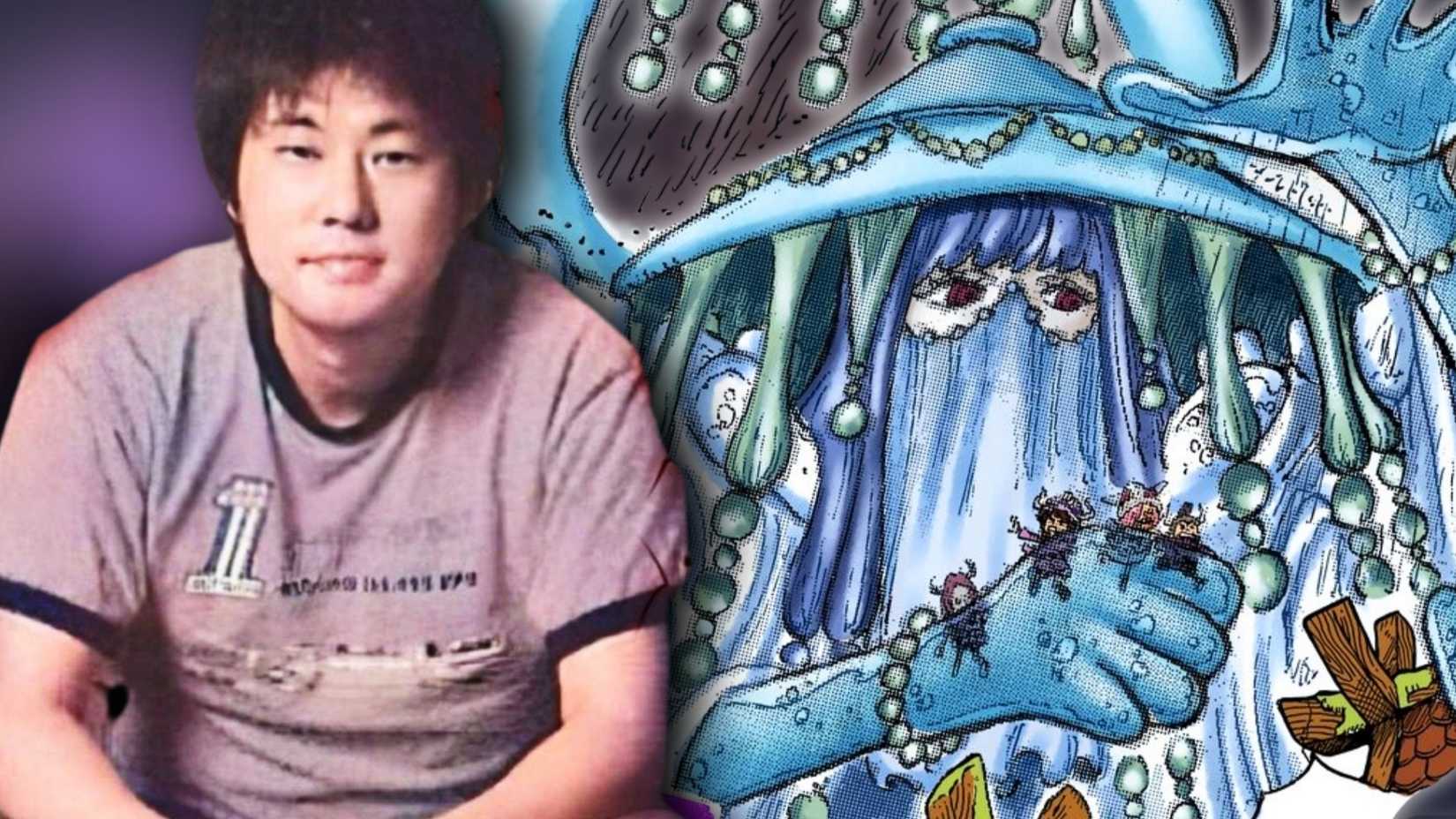Image of Eiichiro Oda, One Piece's creator on the left, and Rain God Zaza from One Piece chapter 1182 next to him holding Elbaph kids