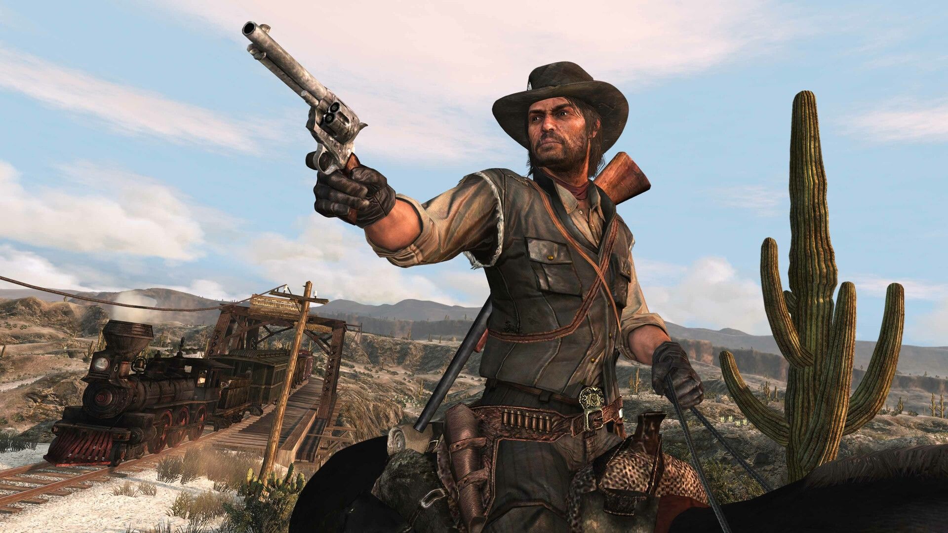 Red Dead Redemption PS5 John Marston menunggang kuda dengan pistol.