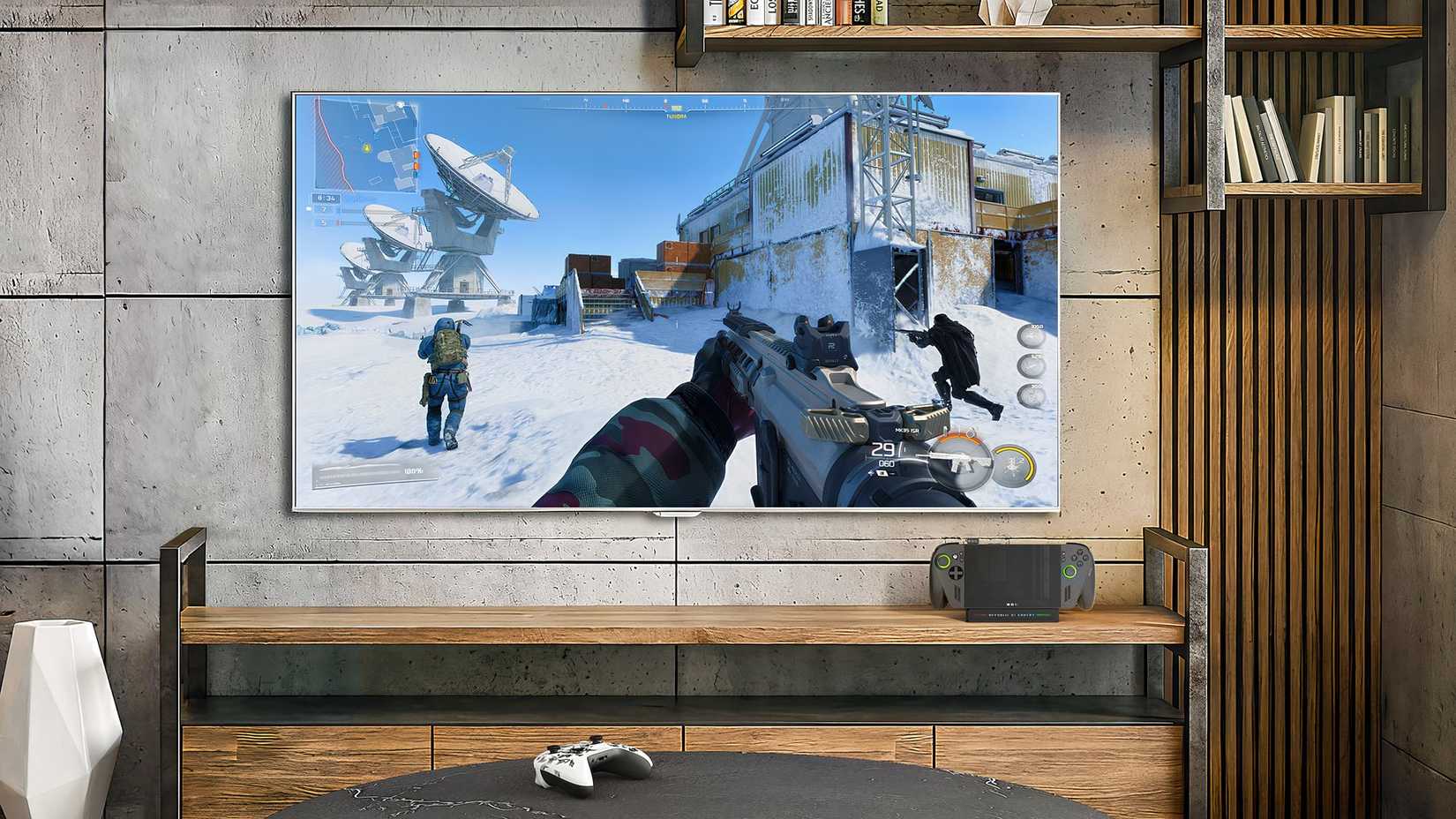 A mockup of a docked ROG Xbox Ally running Black Ops 7 on a large TV