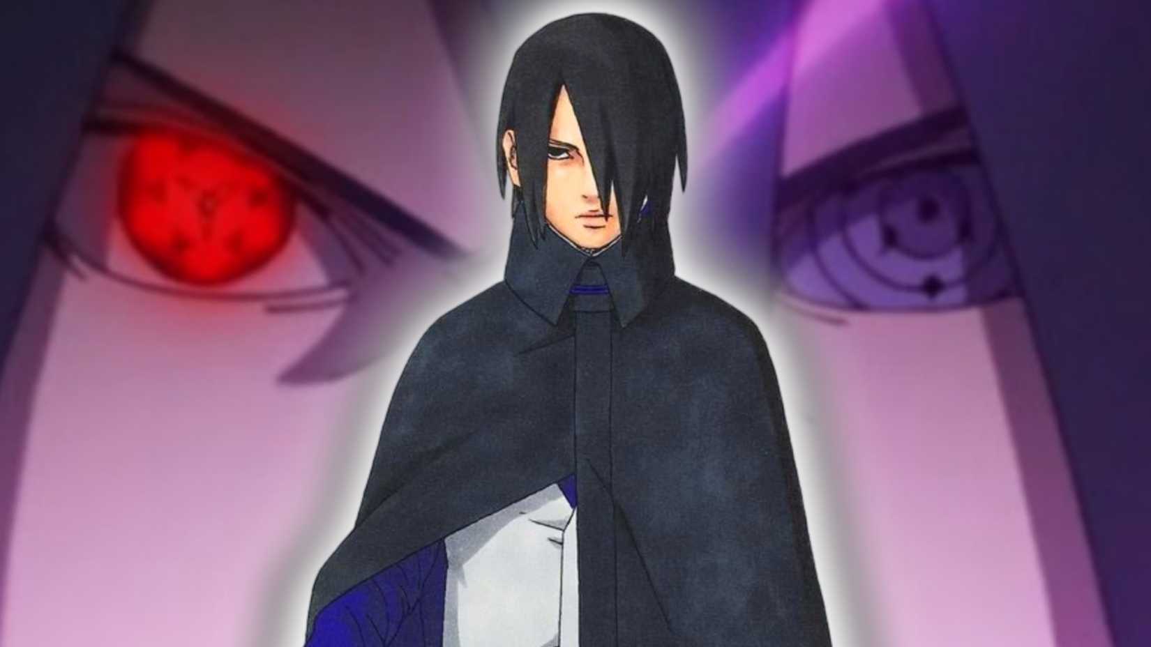 An image of Sasuke Uchiha from Boruto: Two Blue Vortex, with his Mangekyo Sharingan and Rinnegan in the background.