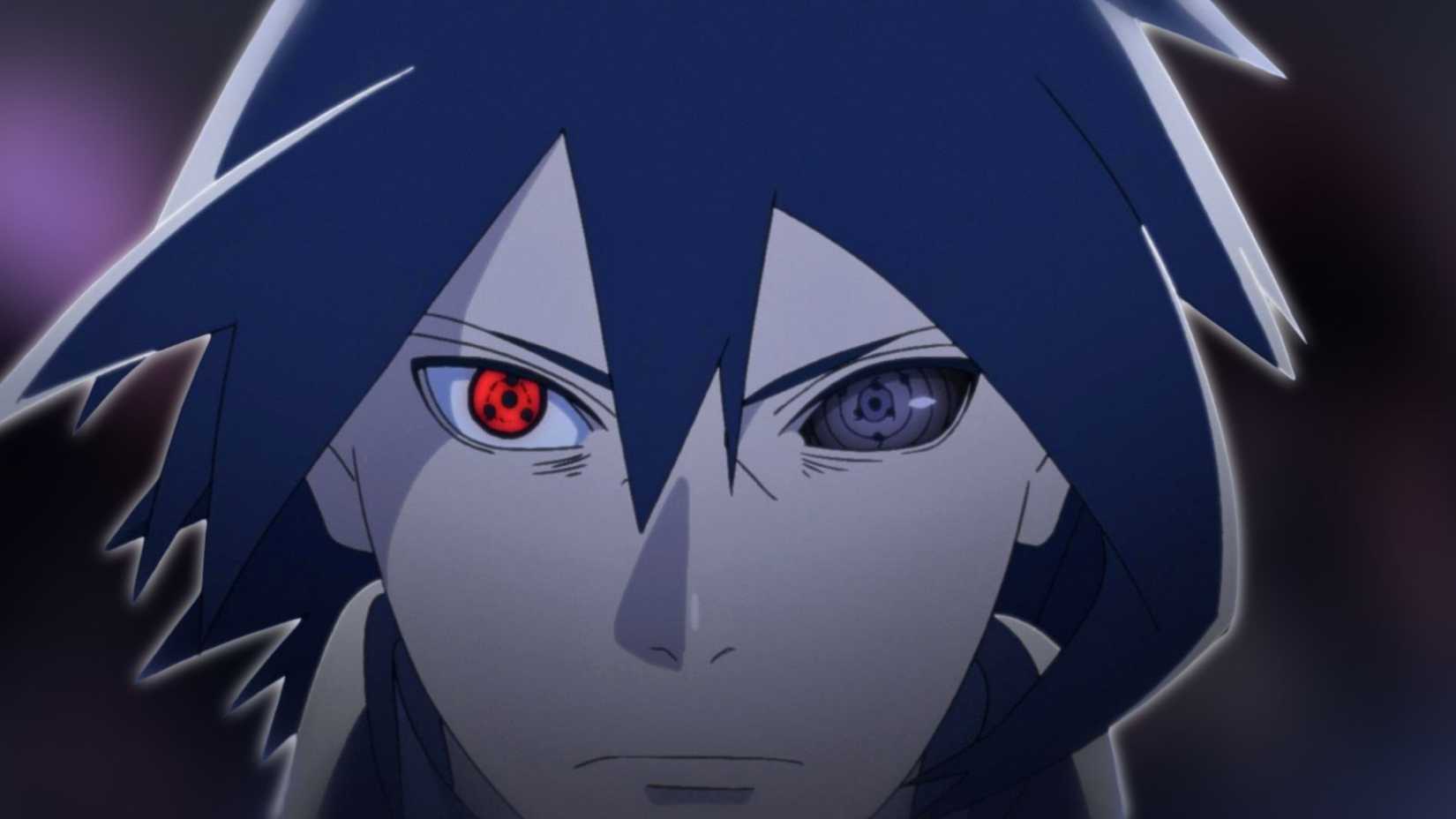 Custom image of Sasuke Uchiha from the Boruto series showing the power of both the Sharingan and the Rinnegan.
