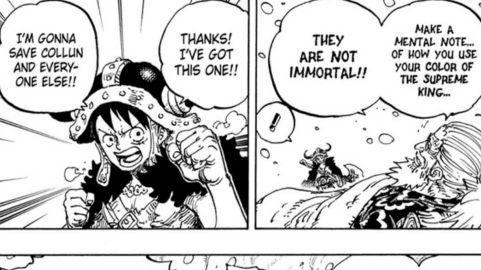 An image of Monkey D. Luffy on the left teaching Scopper Gaban on the right about improving Haki in One Piece Chapter 1152.